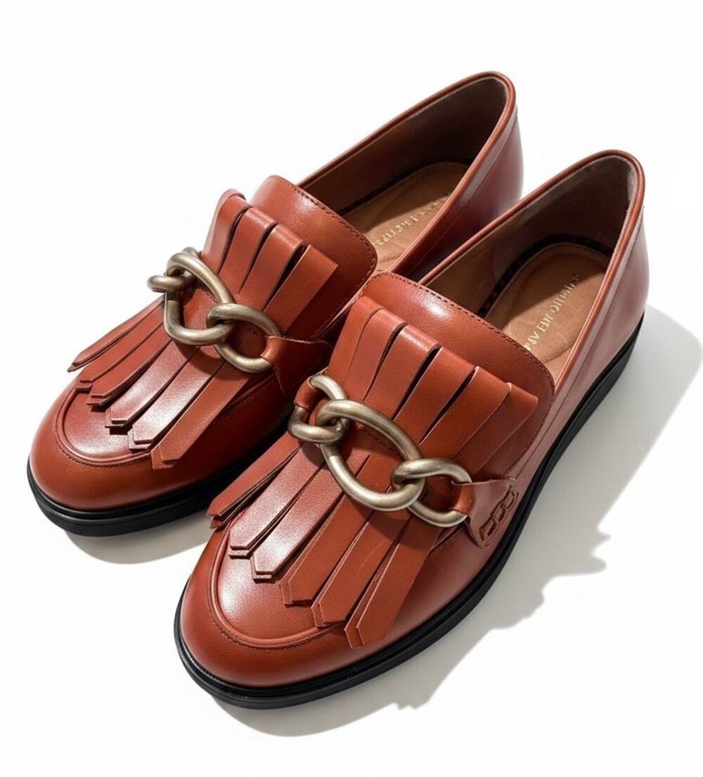 Antoino Melani Leather Fringe Gold Chain Loafers Cognac Brown Chunky Platform 7